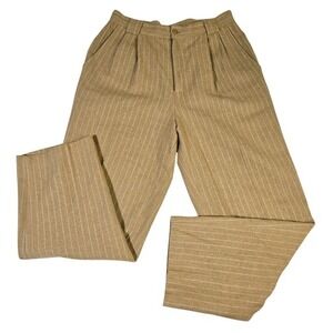 Vintage Tan Pinstripe Wool Blend Pleated Trousers 14 Academia Preppy Lined Pants